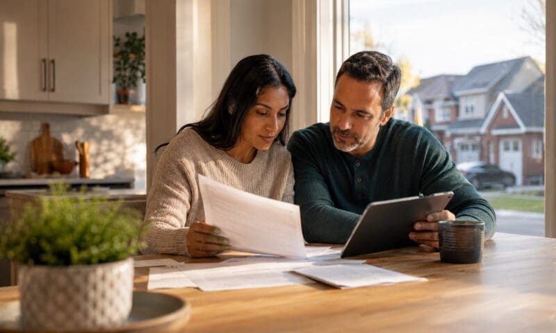 Ontario couple at their kitchen table reviewing debt consolidation and mortgage paperwork together in warm natural light