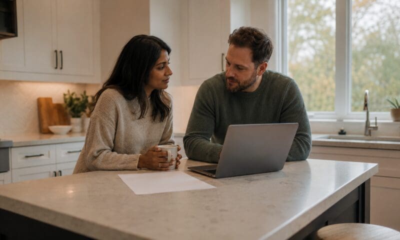 Waterloo Region couple at their kitchen island reviewing a mortgage renewal letter in soft morning light