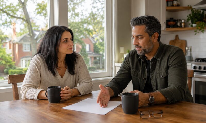 Ontario couple reviewing mortgage renewal options at their kitchen table