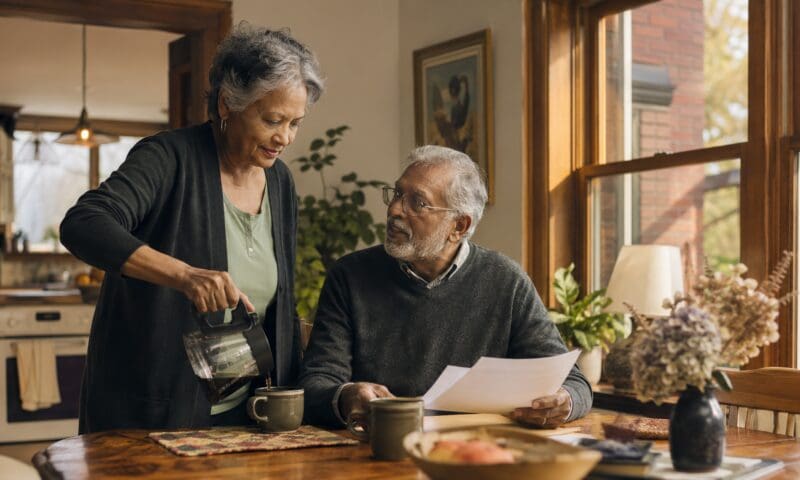 Retired Waterloo Region couple reviewing reverse mortgage options together at home in warm natural light