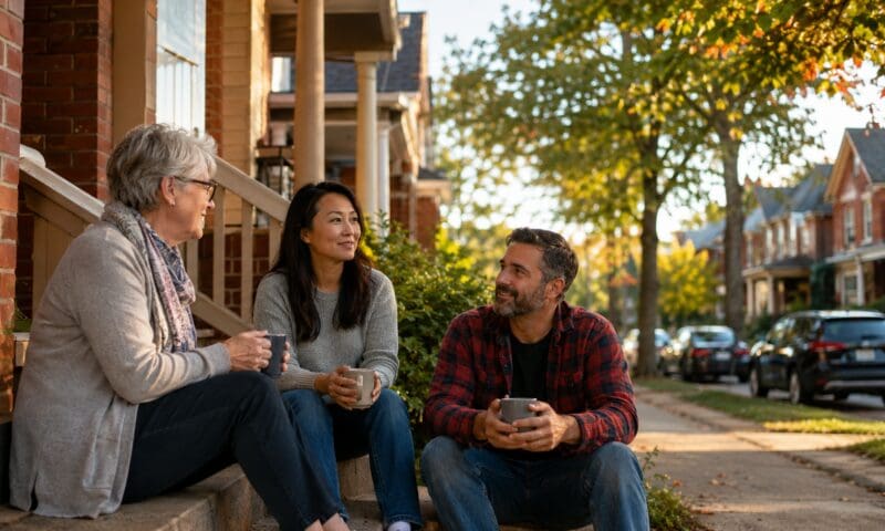 Couple talking with a neighbour on a Waterloo front porch after the Bank of Canada rate hold