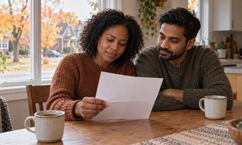 Couple reading a letter together at a kitchen table in a Kitchener home on an autumn morning
