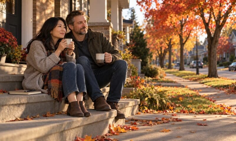 Couple sitting on the front steps of a Waterloo home in autumn with coffee and a closed notebook